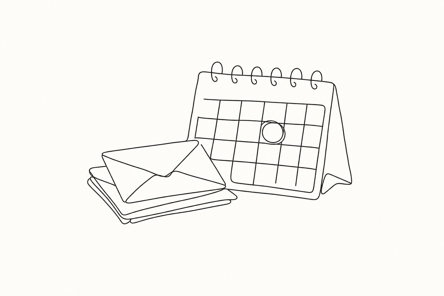 Croquis à l'encre d'une pile d'enveloppes et d'un calendrier avec un jour entouré