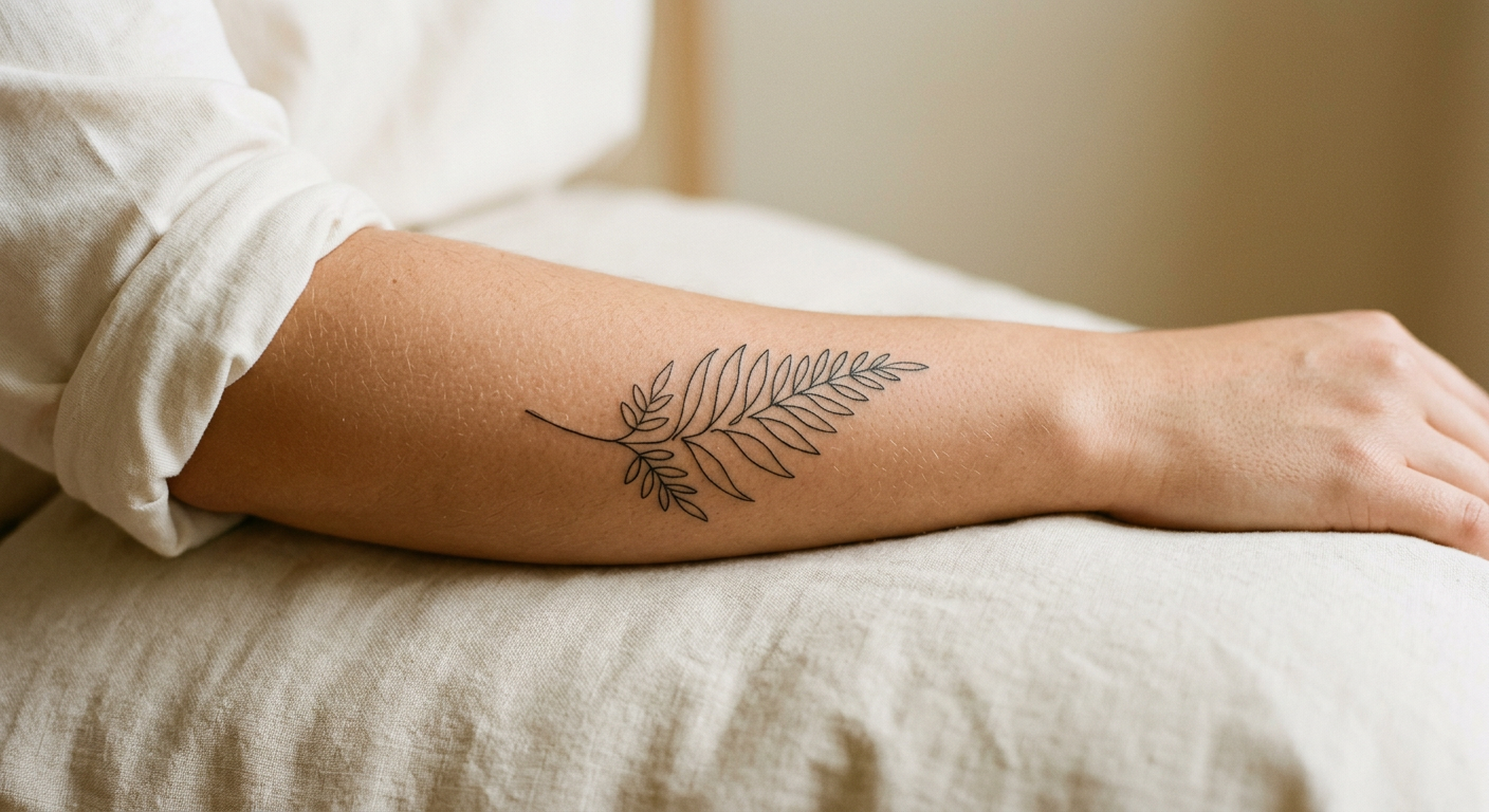 Détail d'un tatouage fin en ligne continue sur un avant-bras