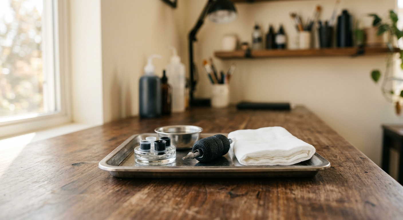 Plateau de travail d'un studio de tatouage indépendant, avec encres et matériel propre